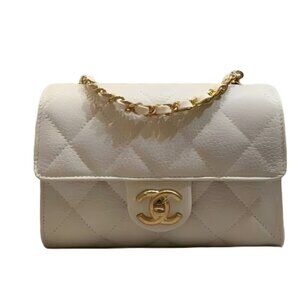 Mini Flap Bag Grained Calfskin & Gold-Tone Metal in Light Beige
